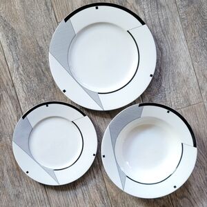 Charles Stuart ANGLES 3pc Dinner Salad Soup Art Deco Black White Geometric HK200